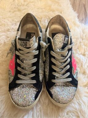 Golden Goose Women’s Silver Glitter Sneakers with Pink Star